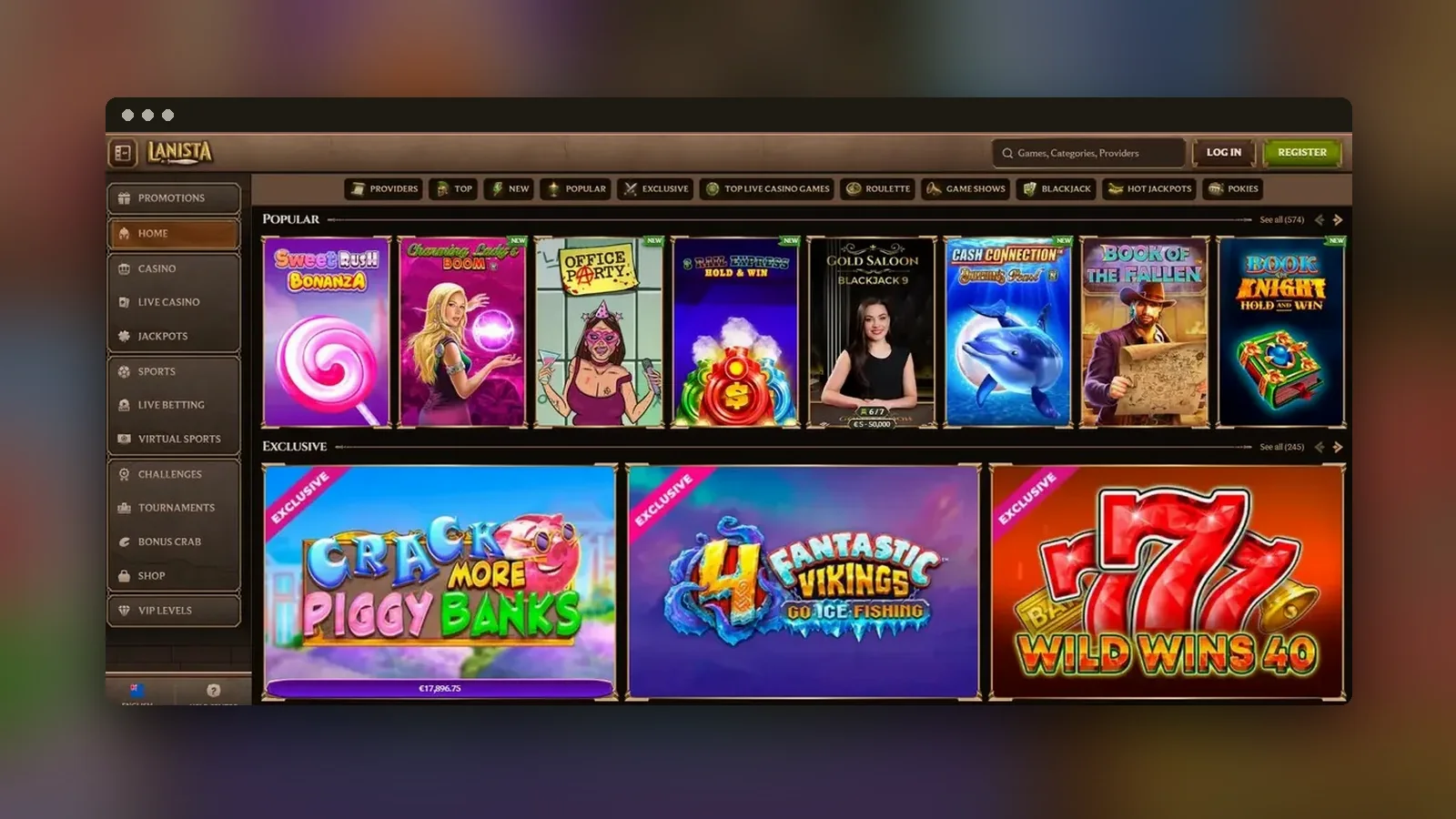 Lobby di Lanista con slot, live e sezione jackpot