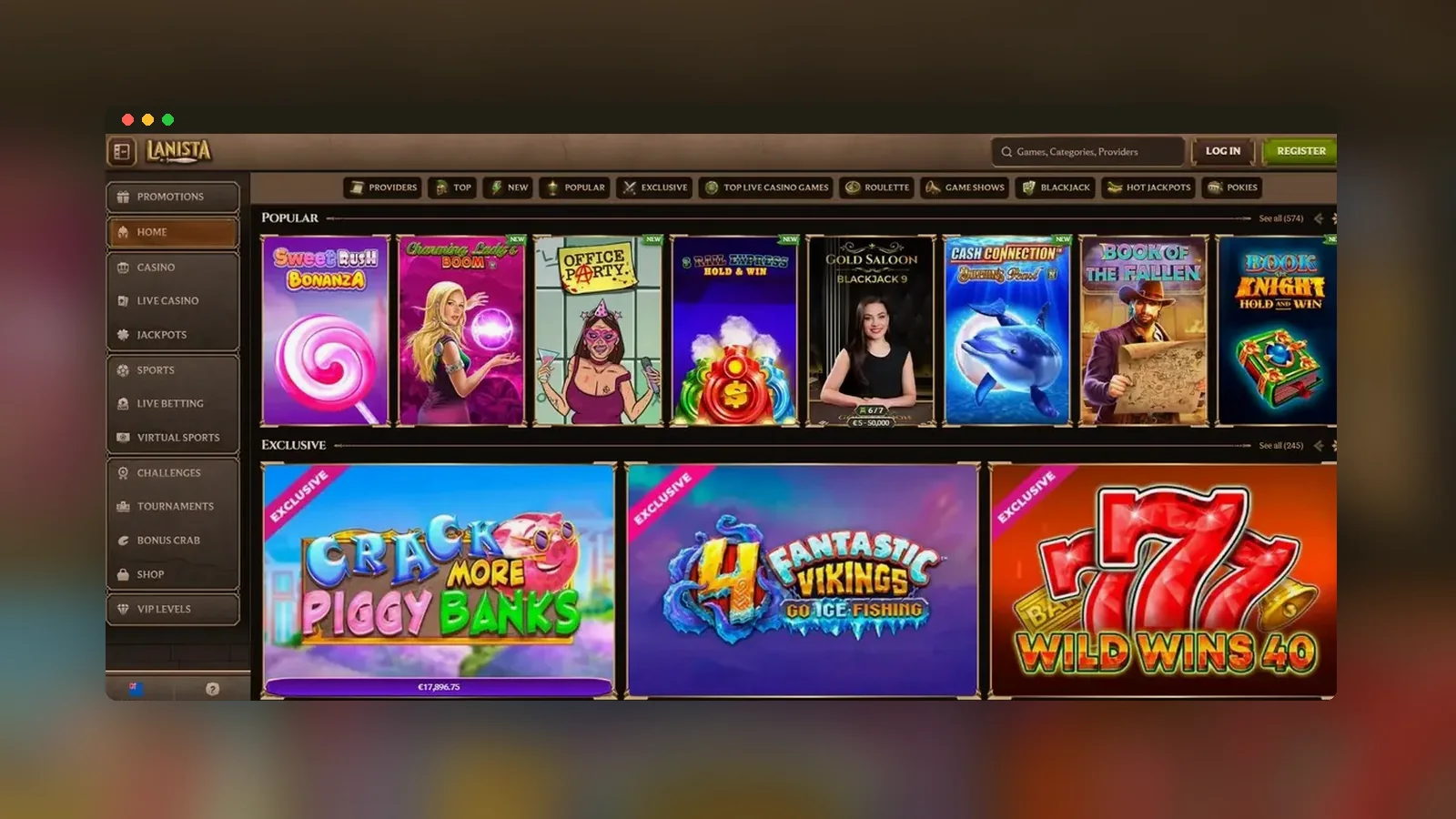 Lobby slot con filtri per provider e conteggio dei titoli
